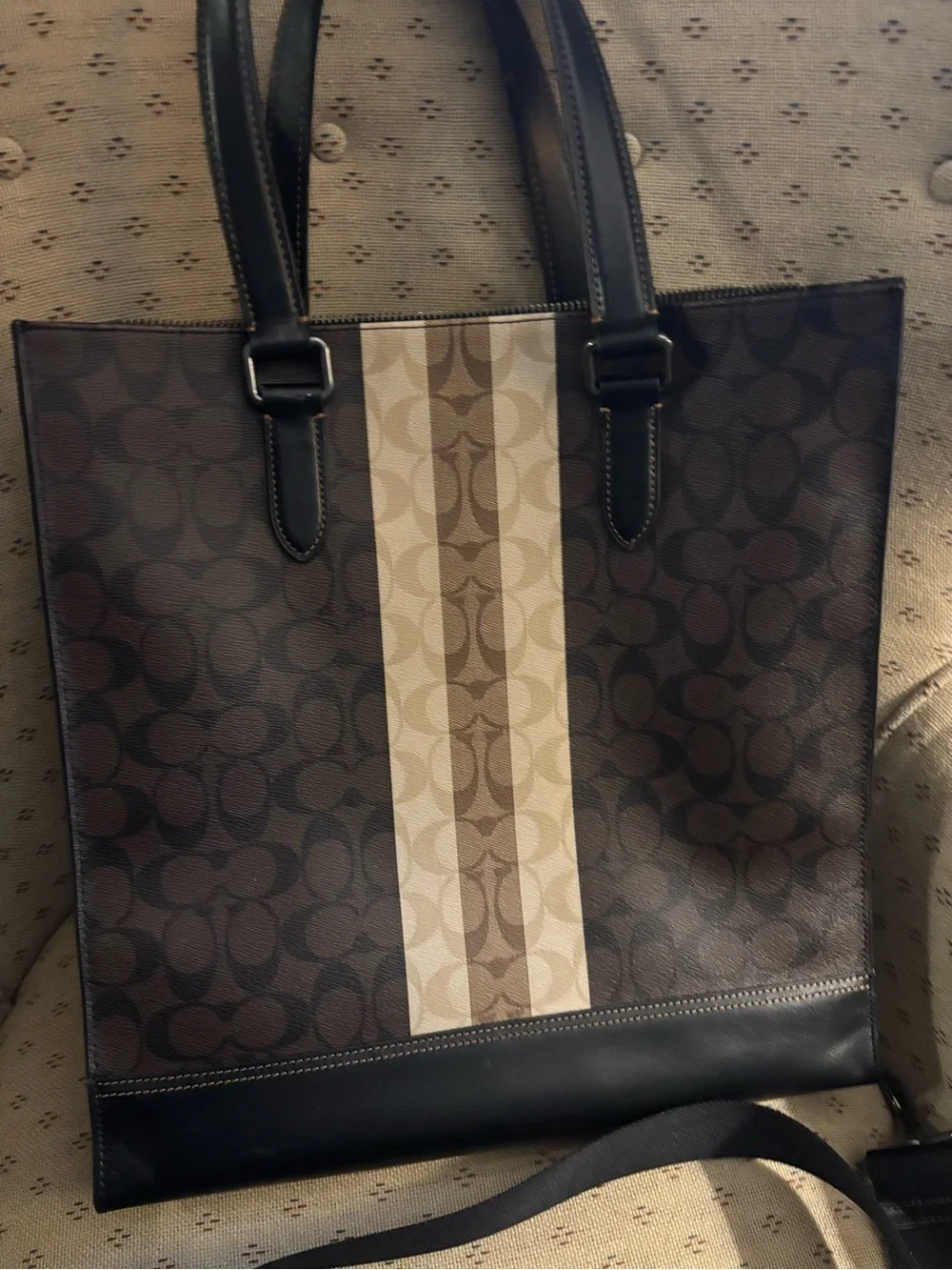 Coach Men’s Brown Signature Canvas Messenger Tote with Center Stripe